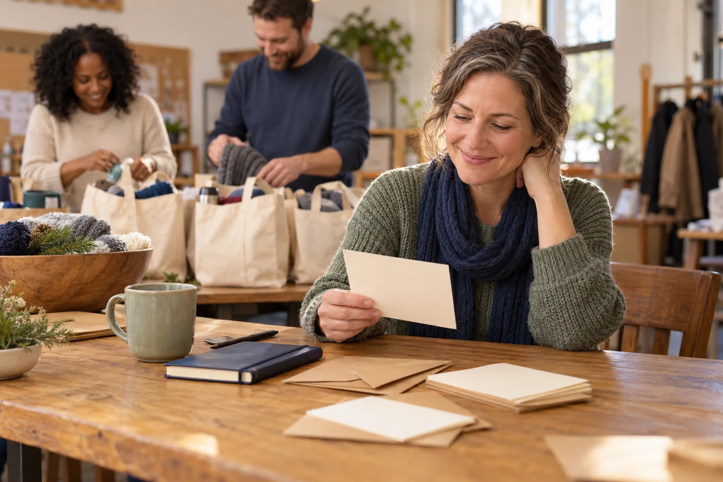 Illustrative scene of a nonprofit coordinator preparing a thank-you note while volunteers assemble gift bags